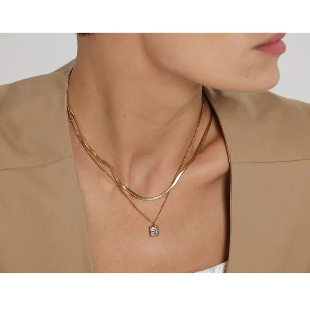 NEW 18K Gold Plated Flat Herringbone Double Layer Necklace